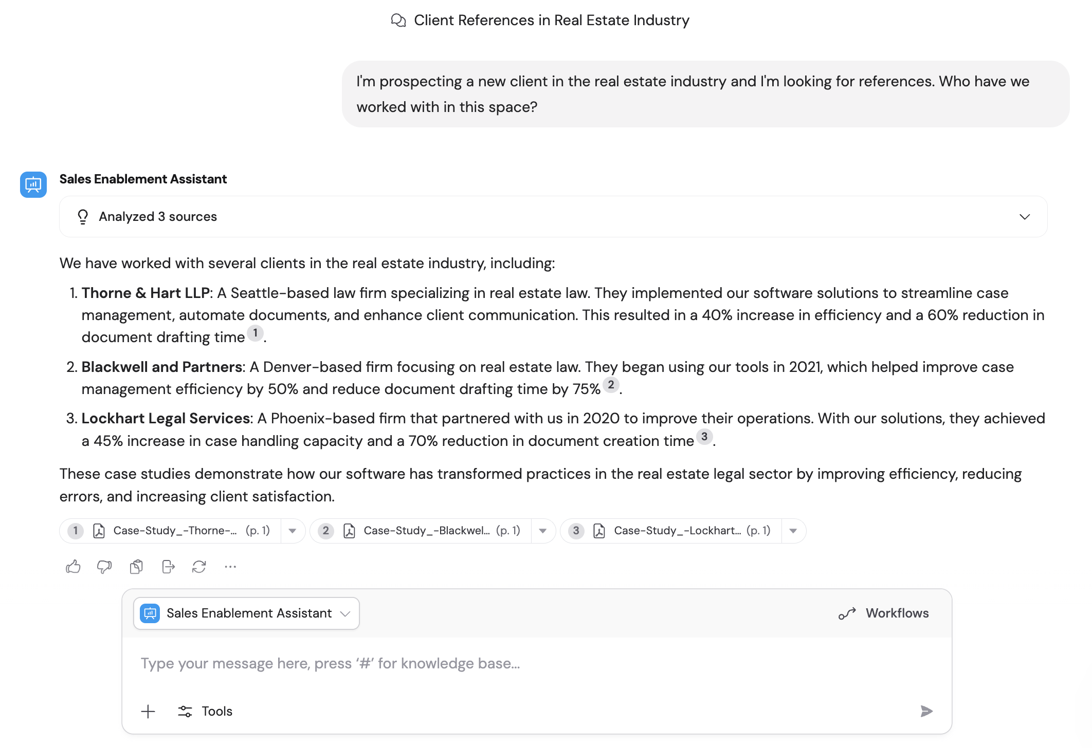 Agent chat showing a sales enablement Agent answering questions with cited Knowledge Base sources