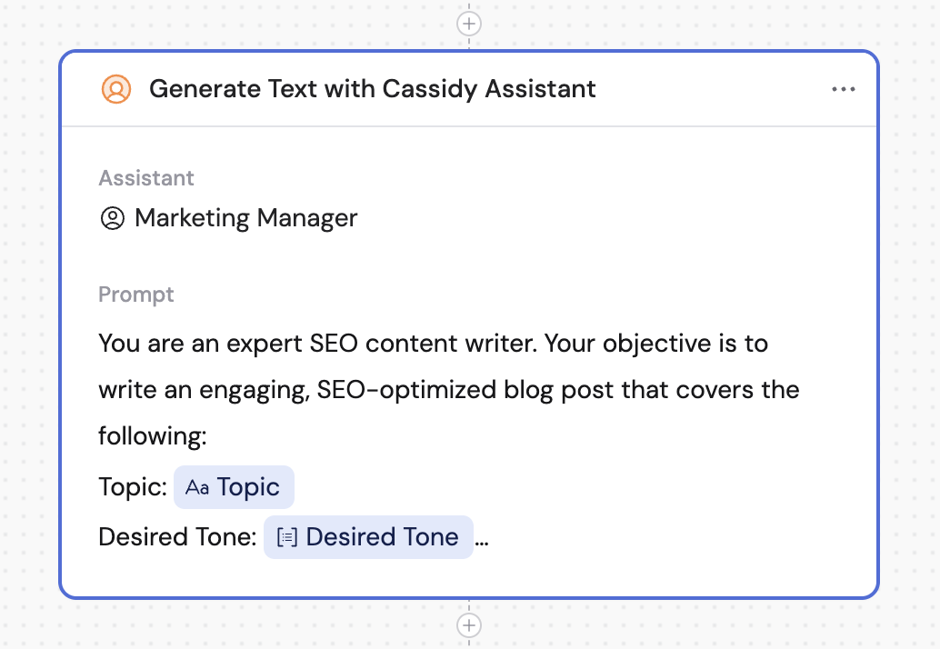 Workflow builder showing a Generate Text with Agent action configured with a Marketing Manager Agent