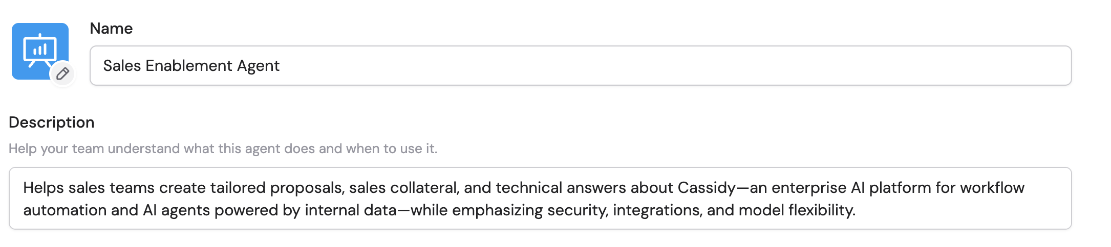 Agent appearance section with icon, name, and description fields