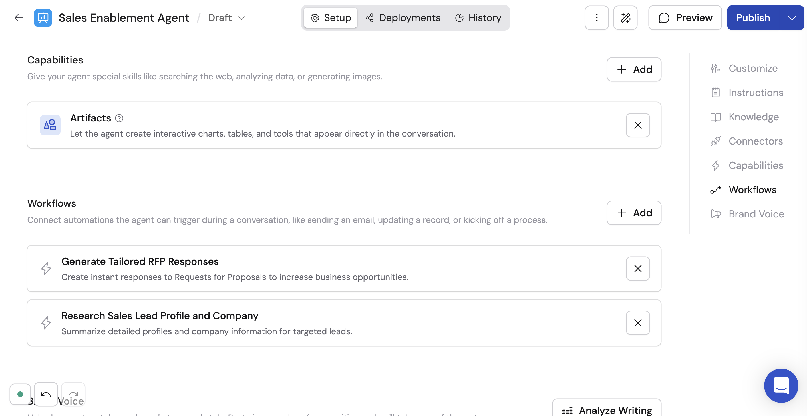 Capabilities section showing Artifacts added to an Agent