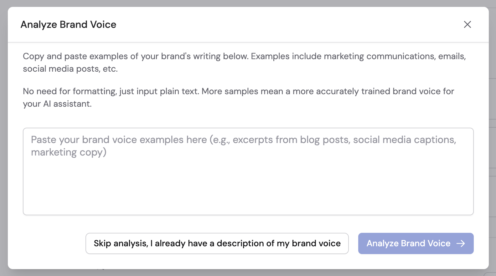 Brand voice analysis showing detected writing style characteristics
