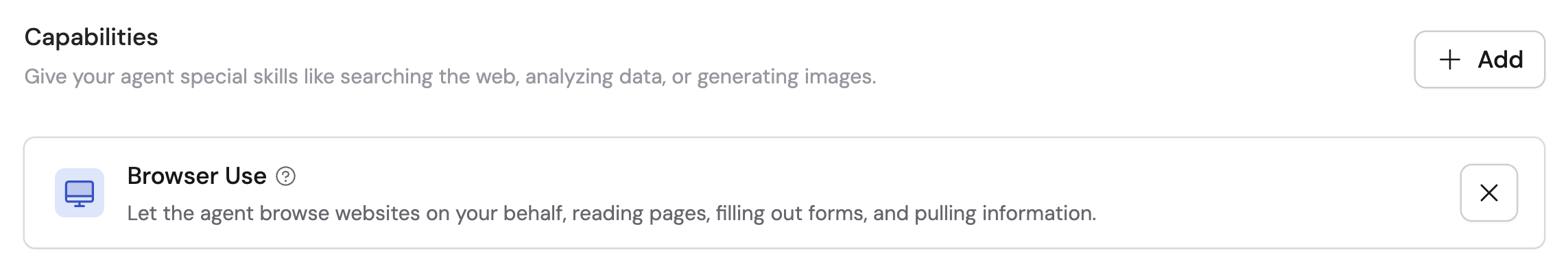 Capabilities section showing Browser Use added to an Agent