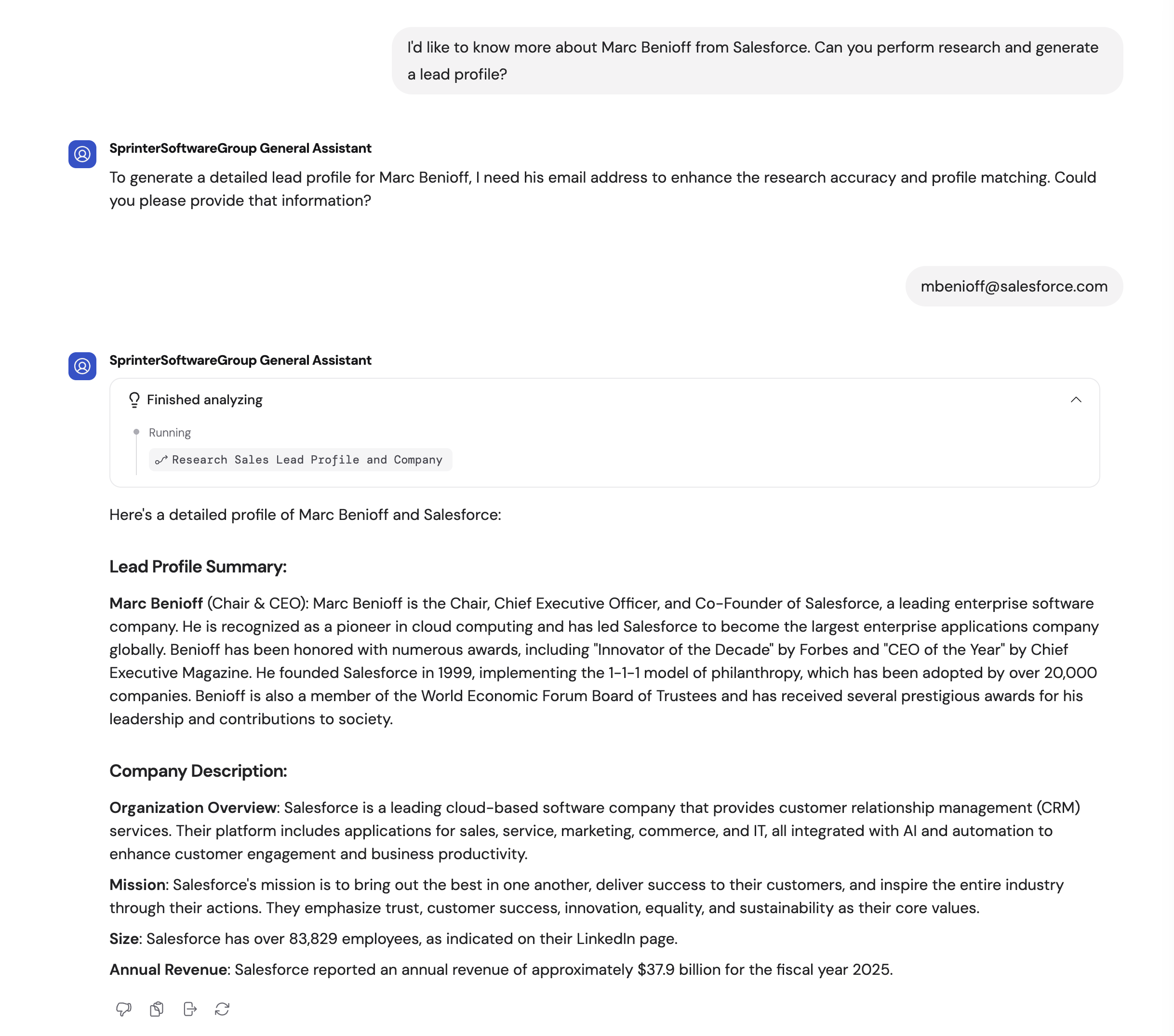 Chat showing an Agent collecting required inputs and running a connected Workflow