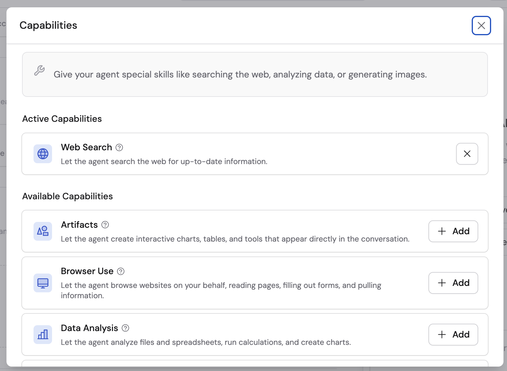 Capabilities section in the Agent editor with the Add Capabilities button