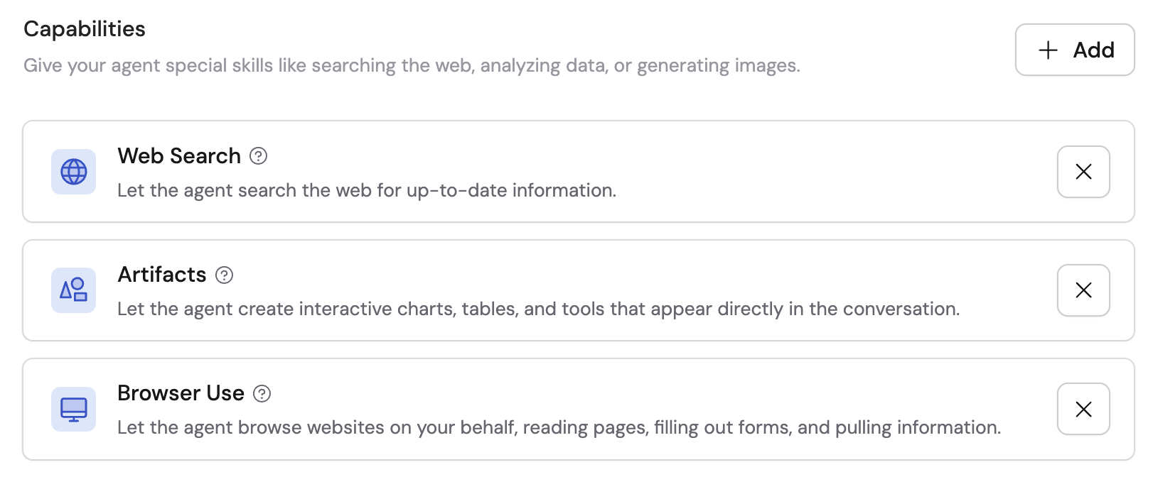 Capabilities dropdown showing Data Analysis, Web Search, Image Generation, Artifacts, and Browser Use options