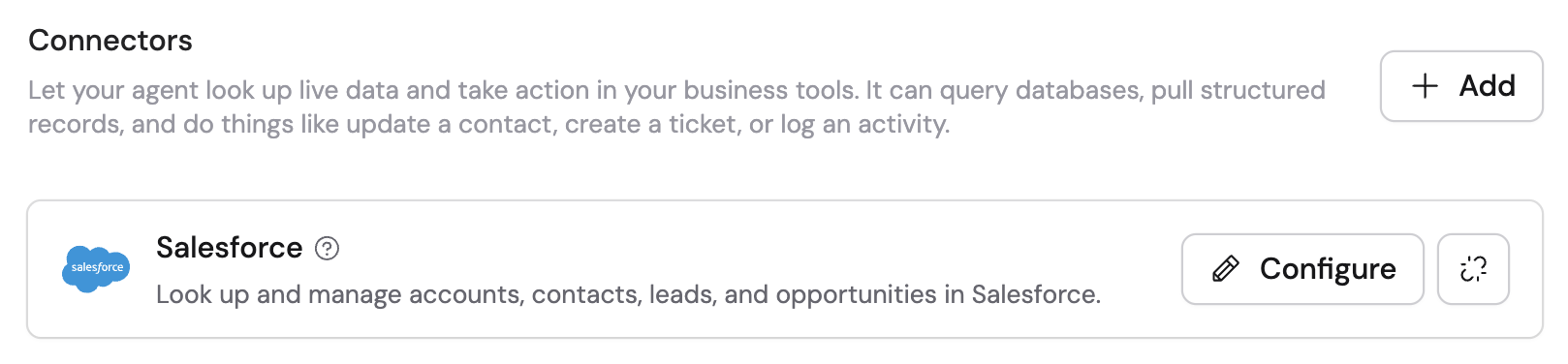 Connectors dropdown showing available options like HubSpot, Salesforce, Airtable, and Snowflake