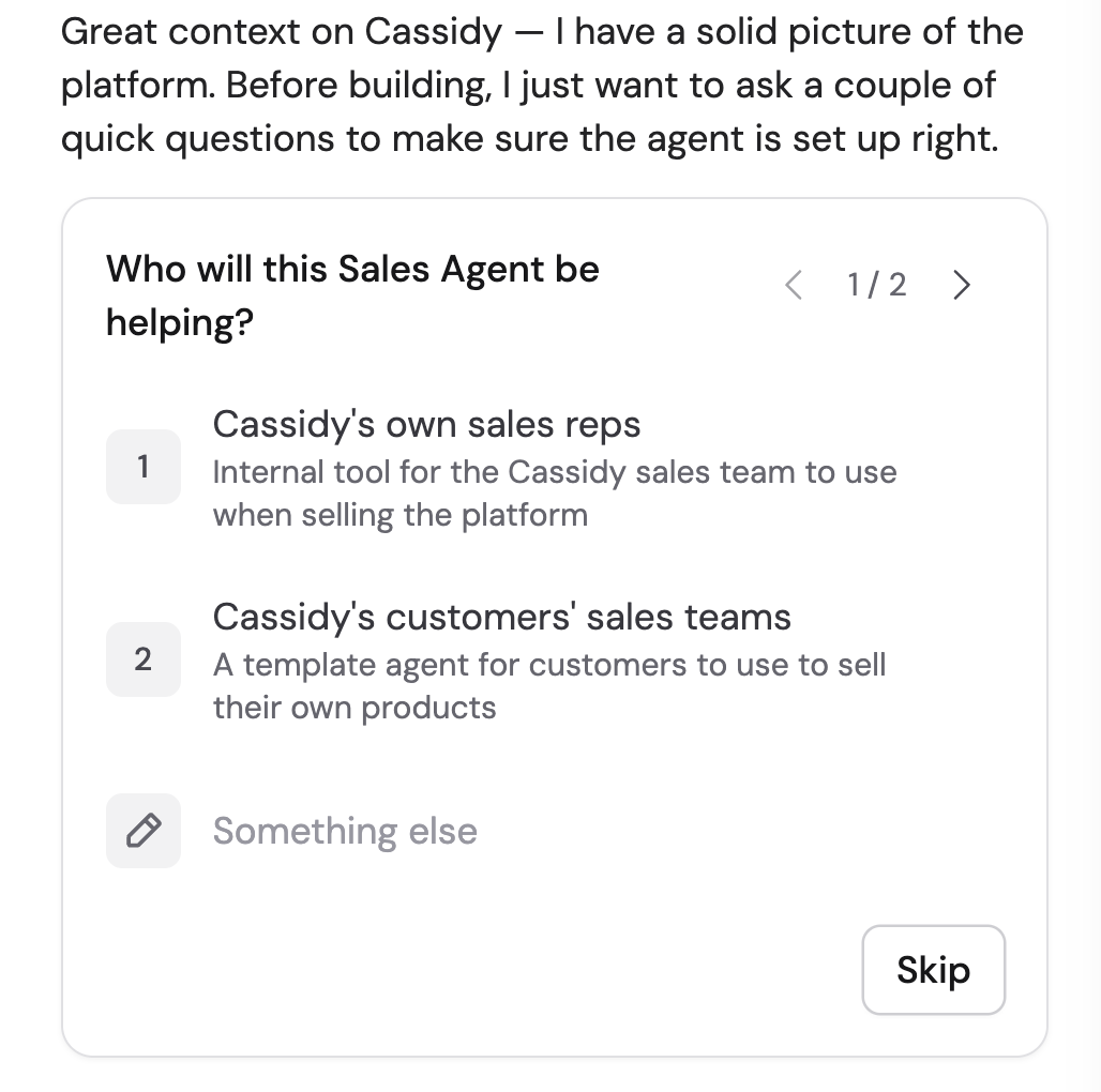 Copilot asking a multiple choice question to refine the Agent