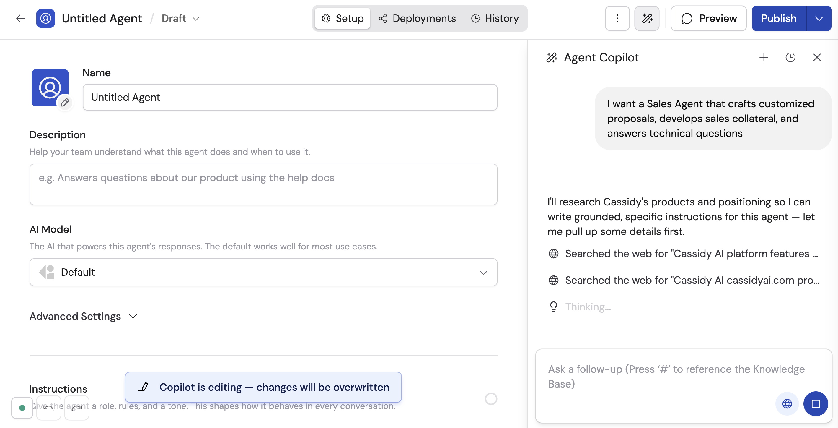 Copilot showing its planning process after receiving a description