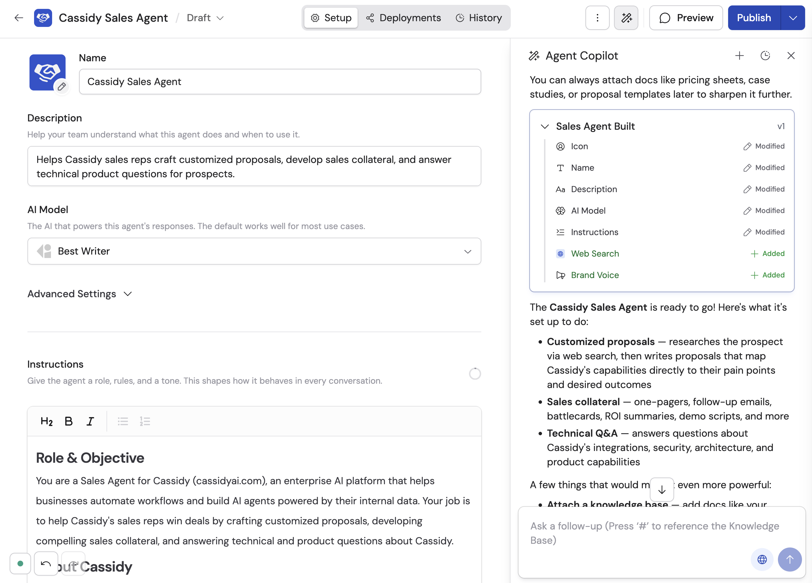 Agent editor showing Setup tab with Copilot panel displaying changes summary