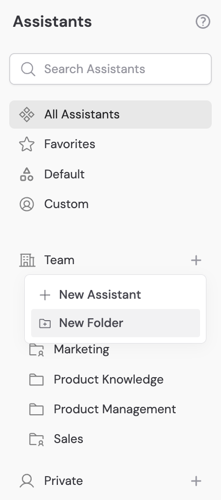 Agents sidebar showing the Create a Folder button and + icon next to Folders heading