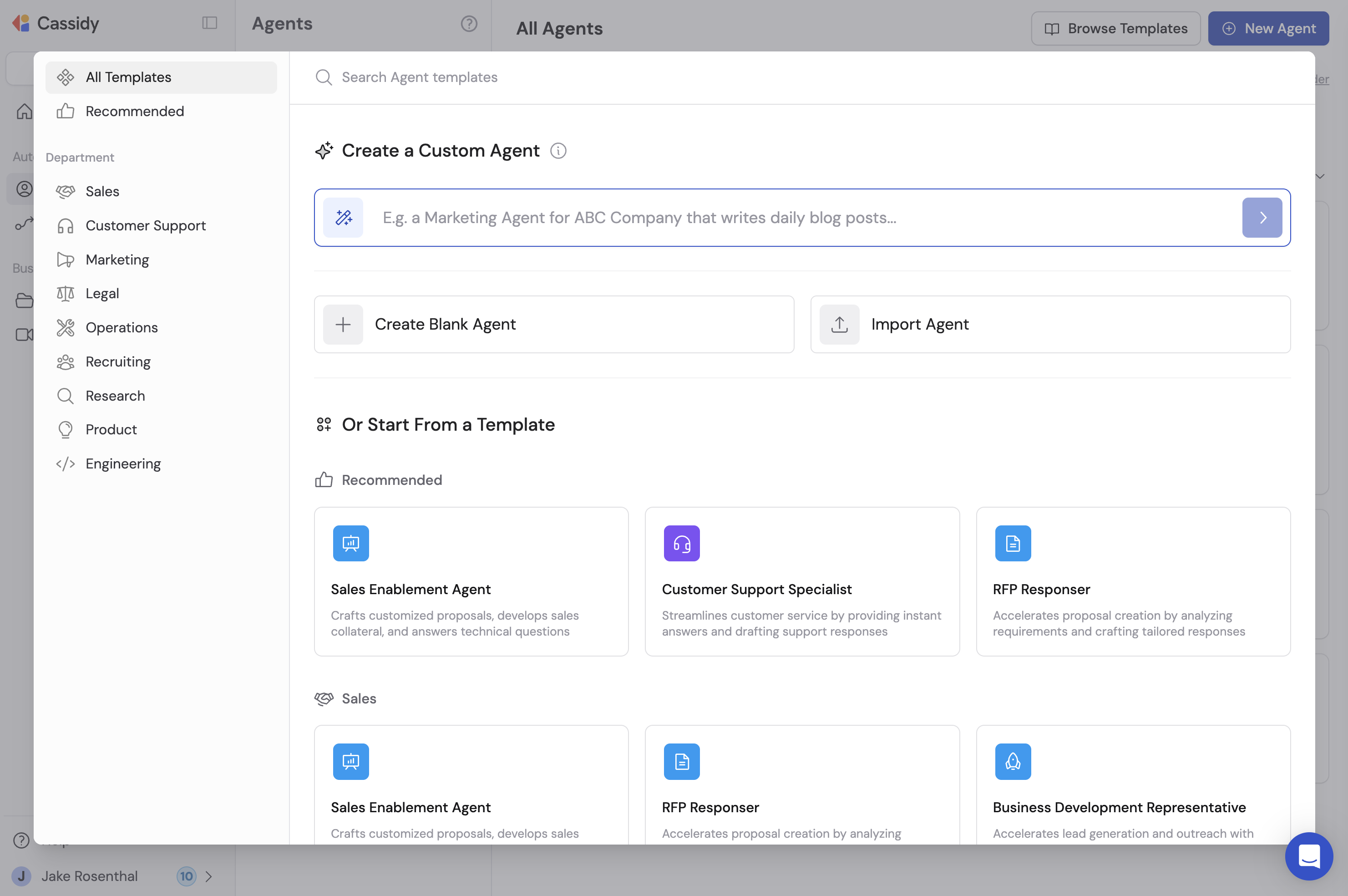 Agent creation screen showing Custom Agent, Create Blank Agent, Import Agent, and template options