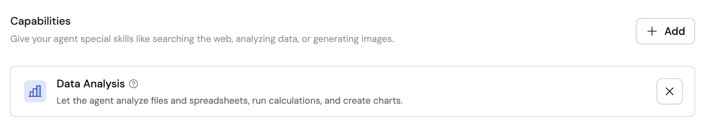 Capabilities section showing Data Analysis added to an Agent