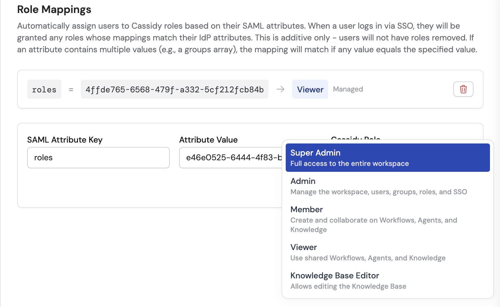 Add Role Mapping form showing SAML attribute key, value, and Cassidy Role fields