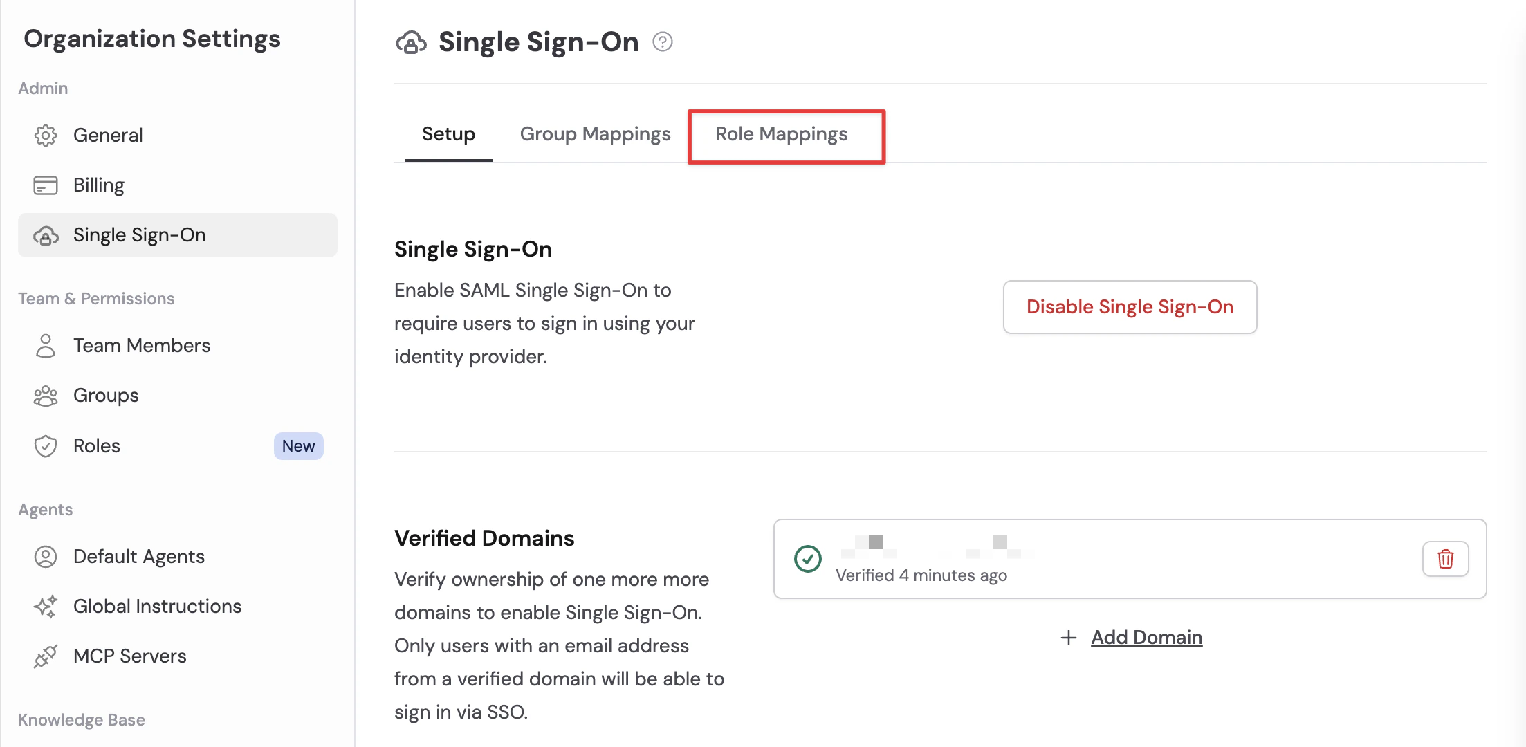 Single Sign-On page in Organization Settings with the Role Mappings tab selected