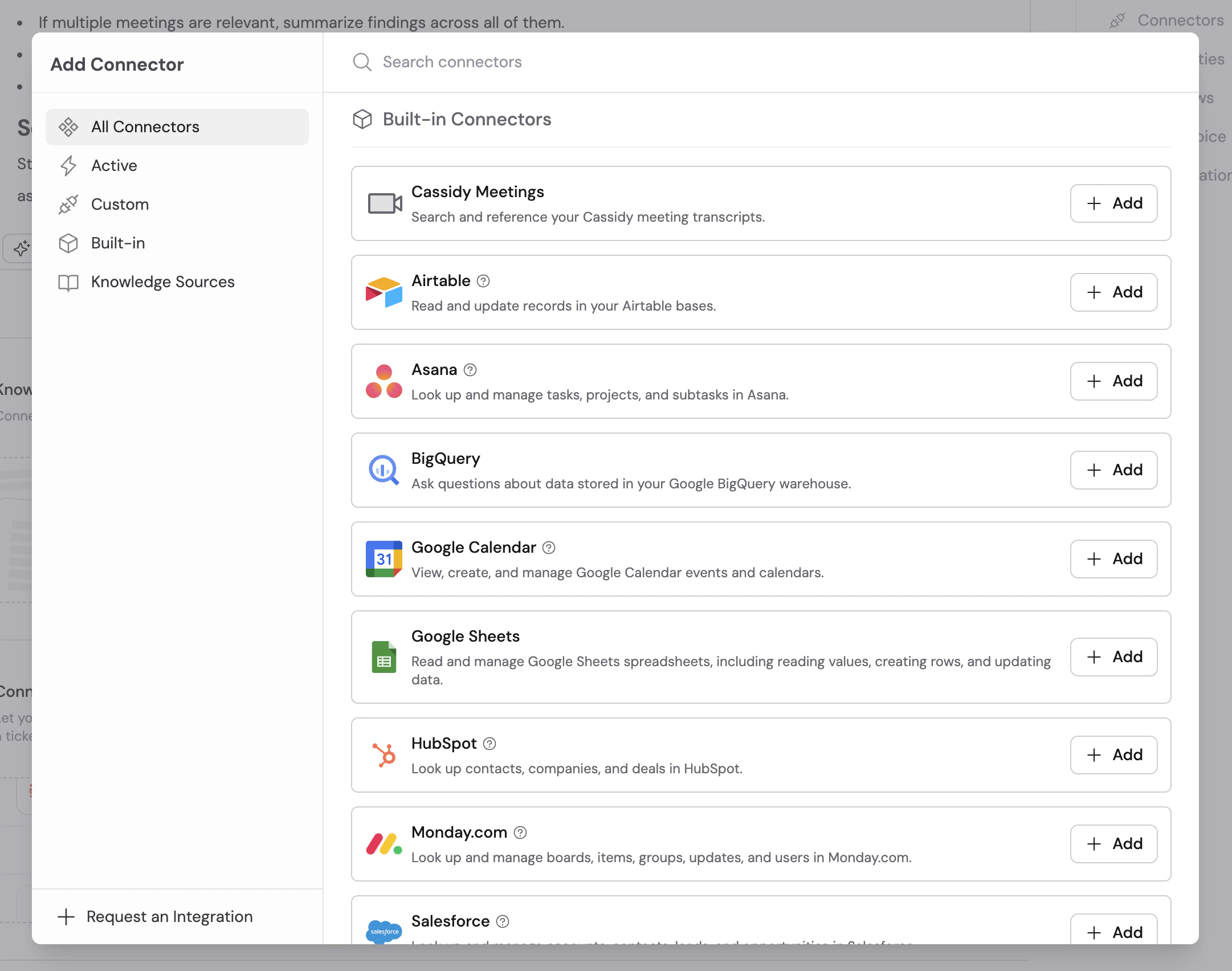 Add Connector modal showing Cassidy Meetings at the top of the Built-in Connectors list
