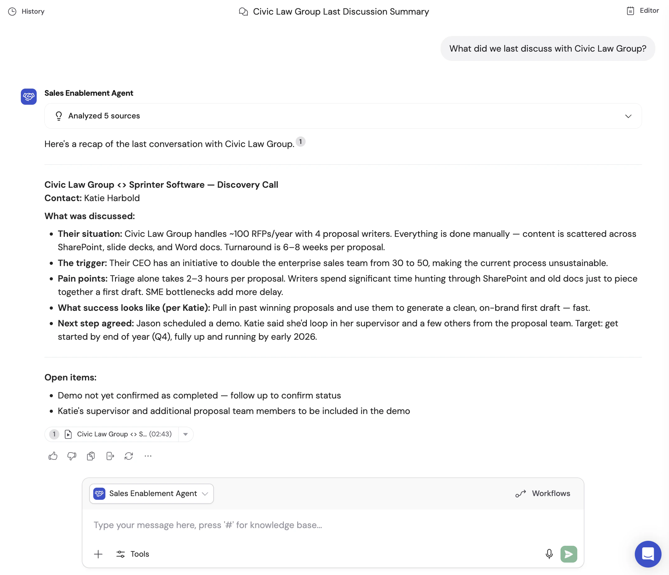Agent chat with meeting summary, action items, and a timestamped citation to the recording