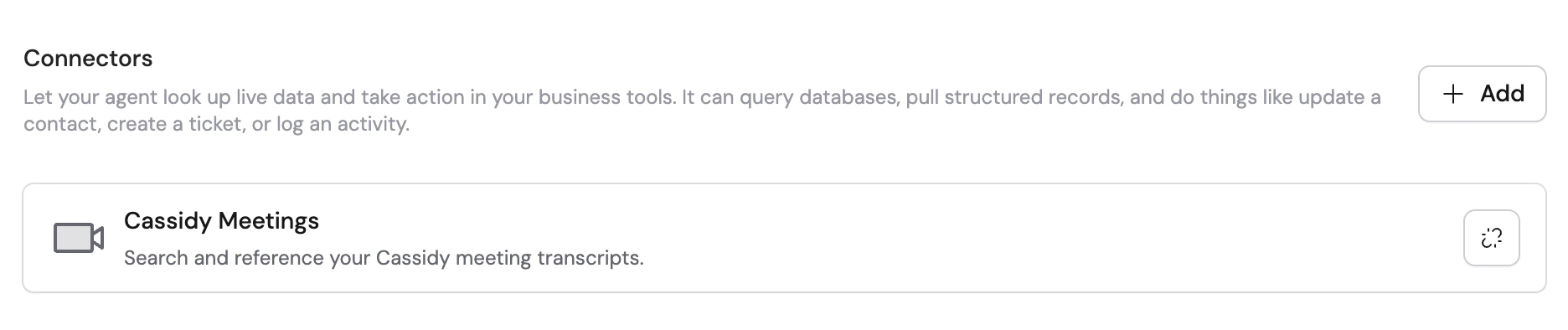 Connectors section in the Agent editor showing the Add button