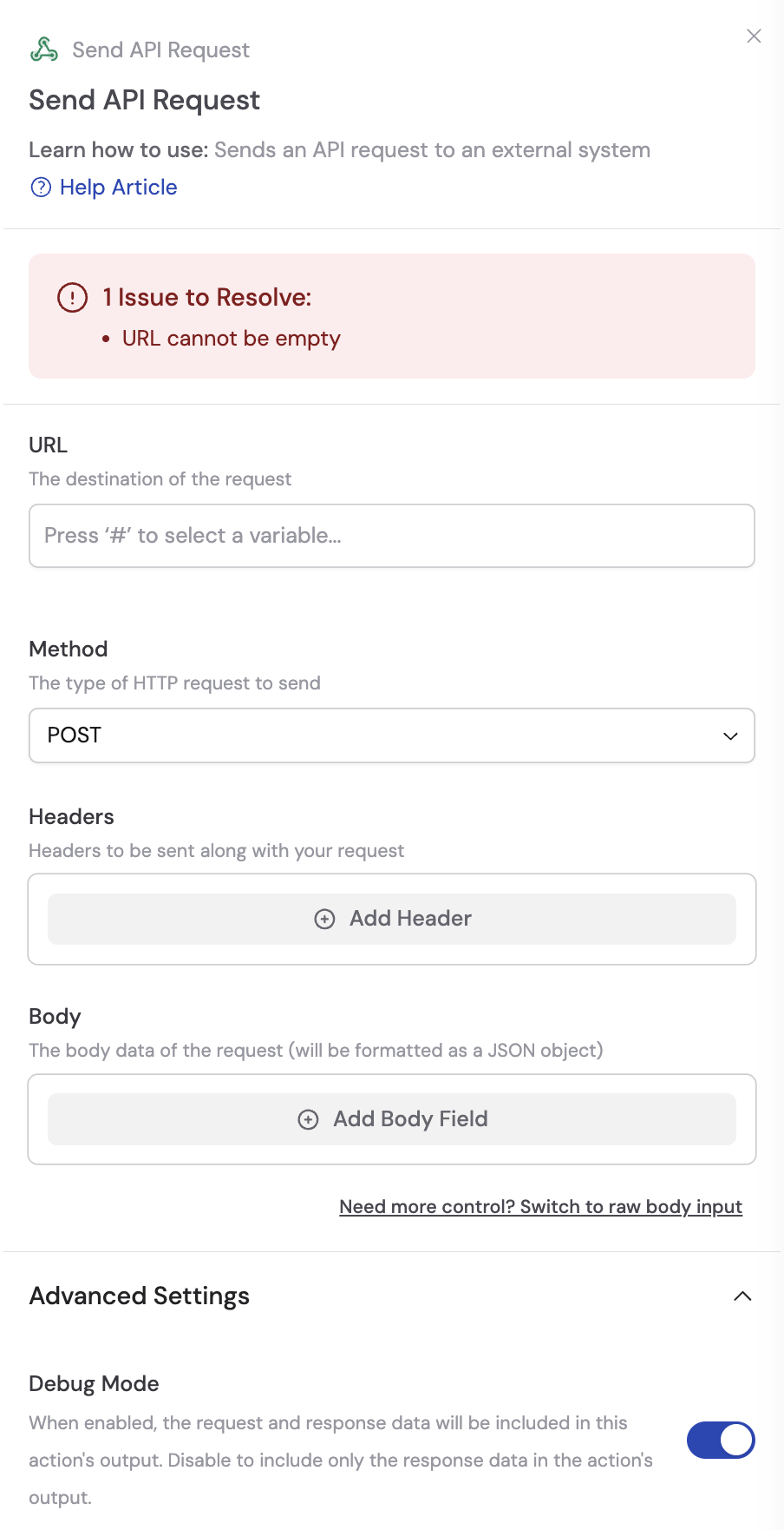 Send API Request action added to the Workflow