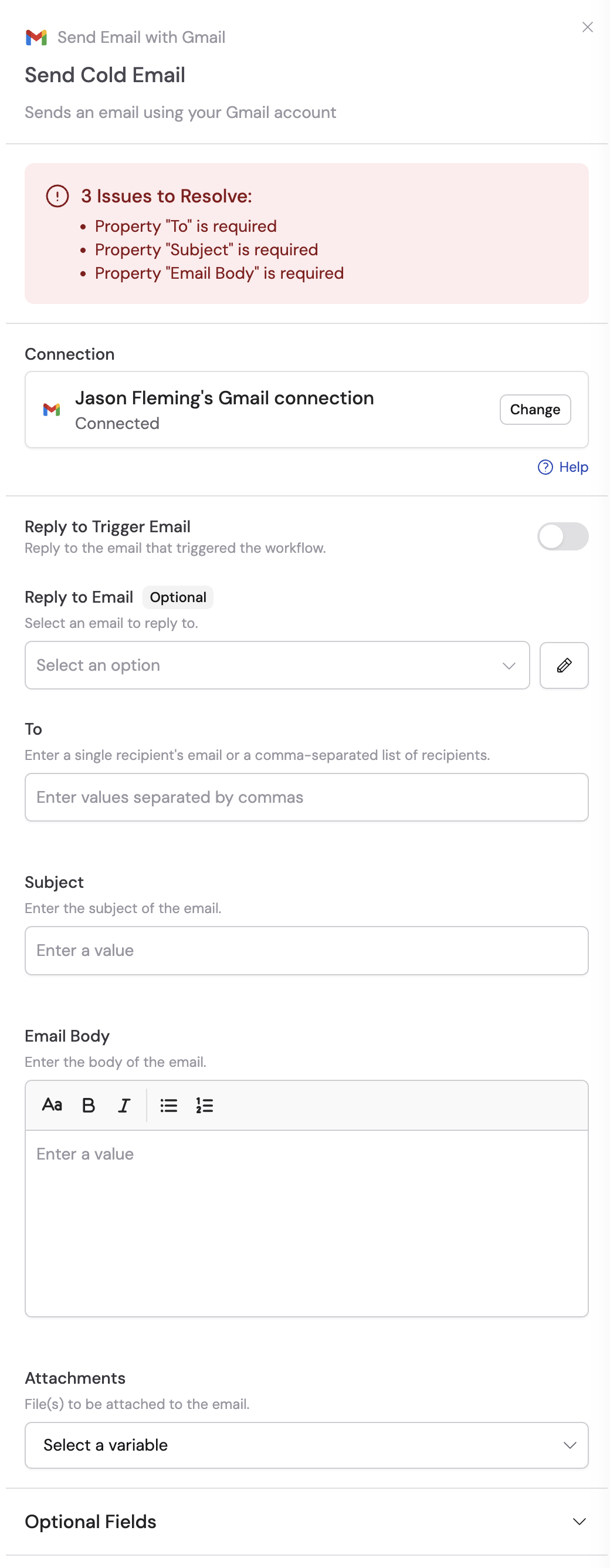 Adding a Gmail connection for the action
