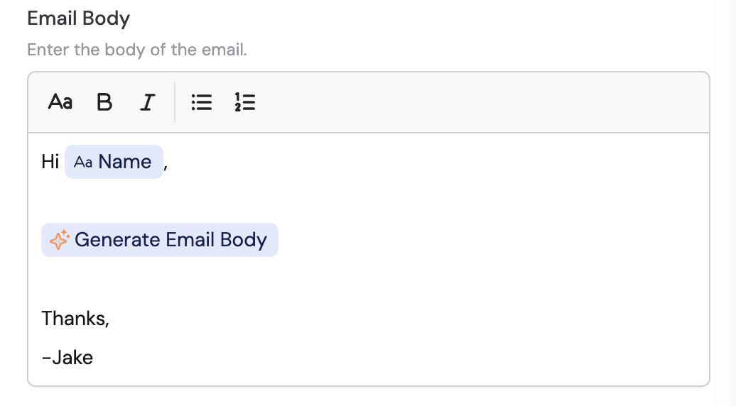 Email Body field with variable reference