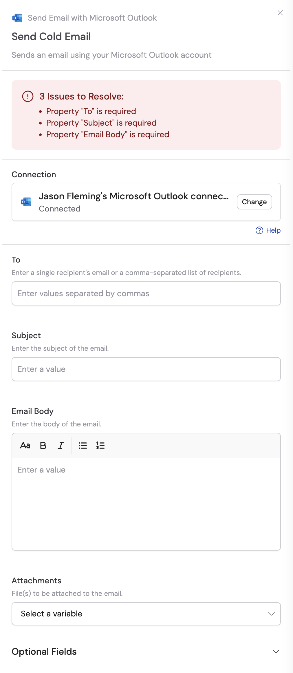 Adding a Microsoft Outlook connection for the action