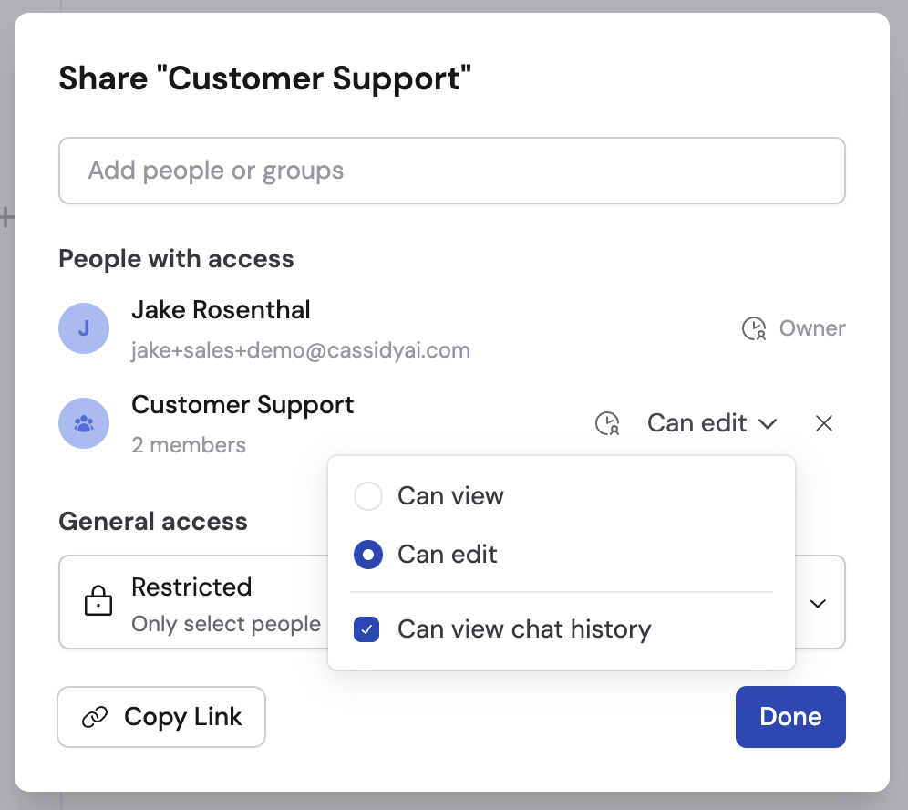 Agent folder sharing dialog with the Customer Support group's permissions menu showing Can view chat history selected