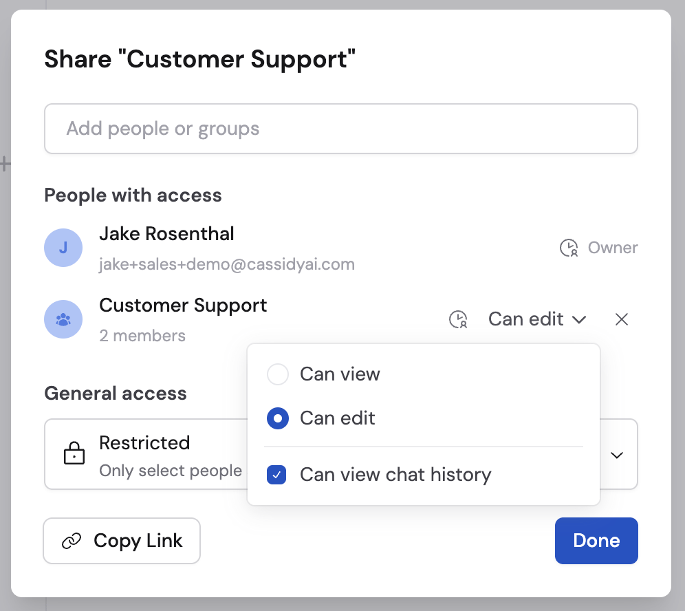 Agent folder sharing dialog with the Customer Support group's permissions menu showing Can view chat history selected
