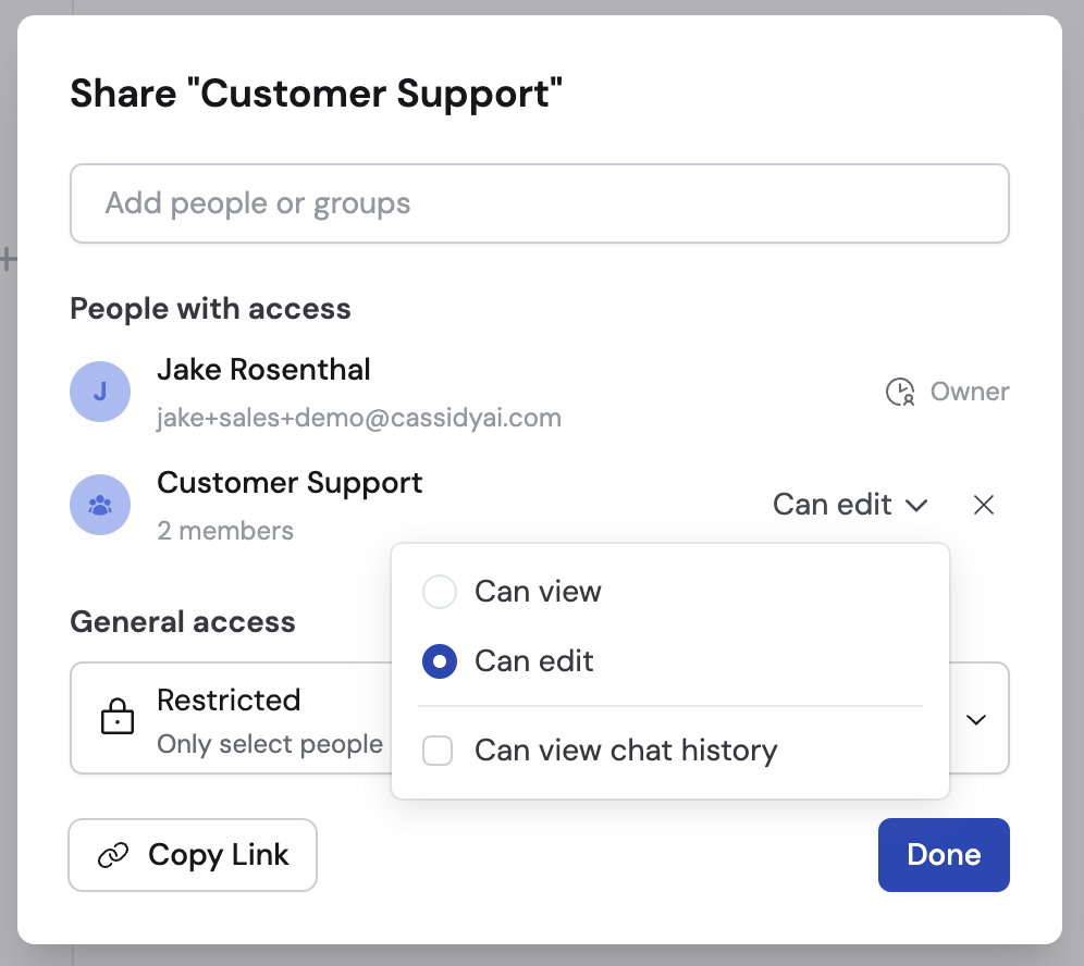 Folder sharing dialog showing access type selector and people and groups with Can edit or Can view permissions