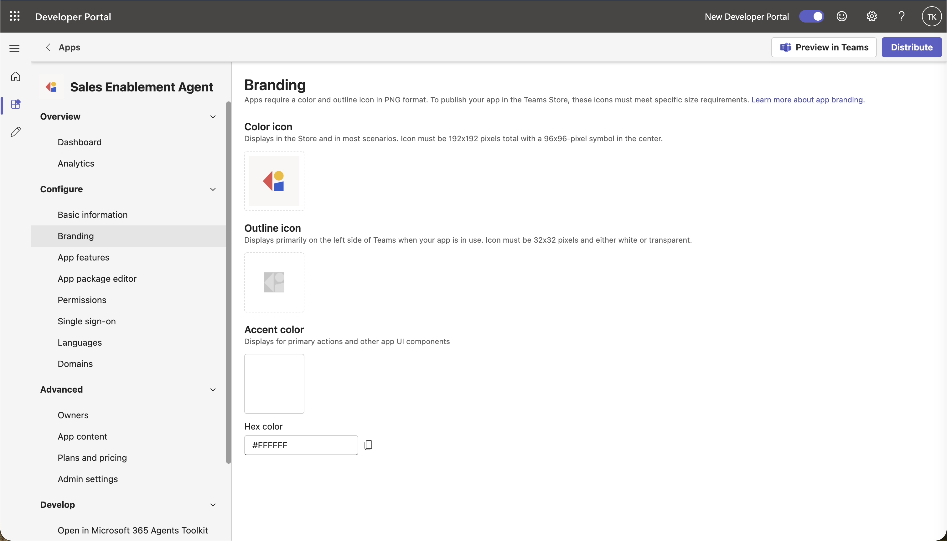 Teams Developer Portal Branding page showing the Color icon and Outline icon settings