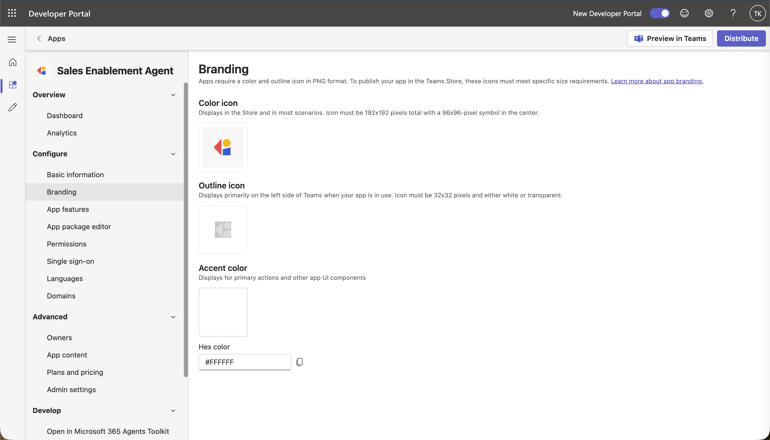 Teams Developer Portal Branding page showing the Color icon and Outline icon settings