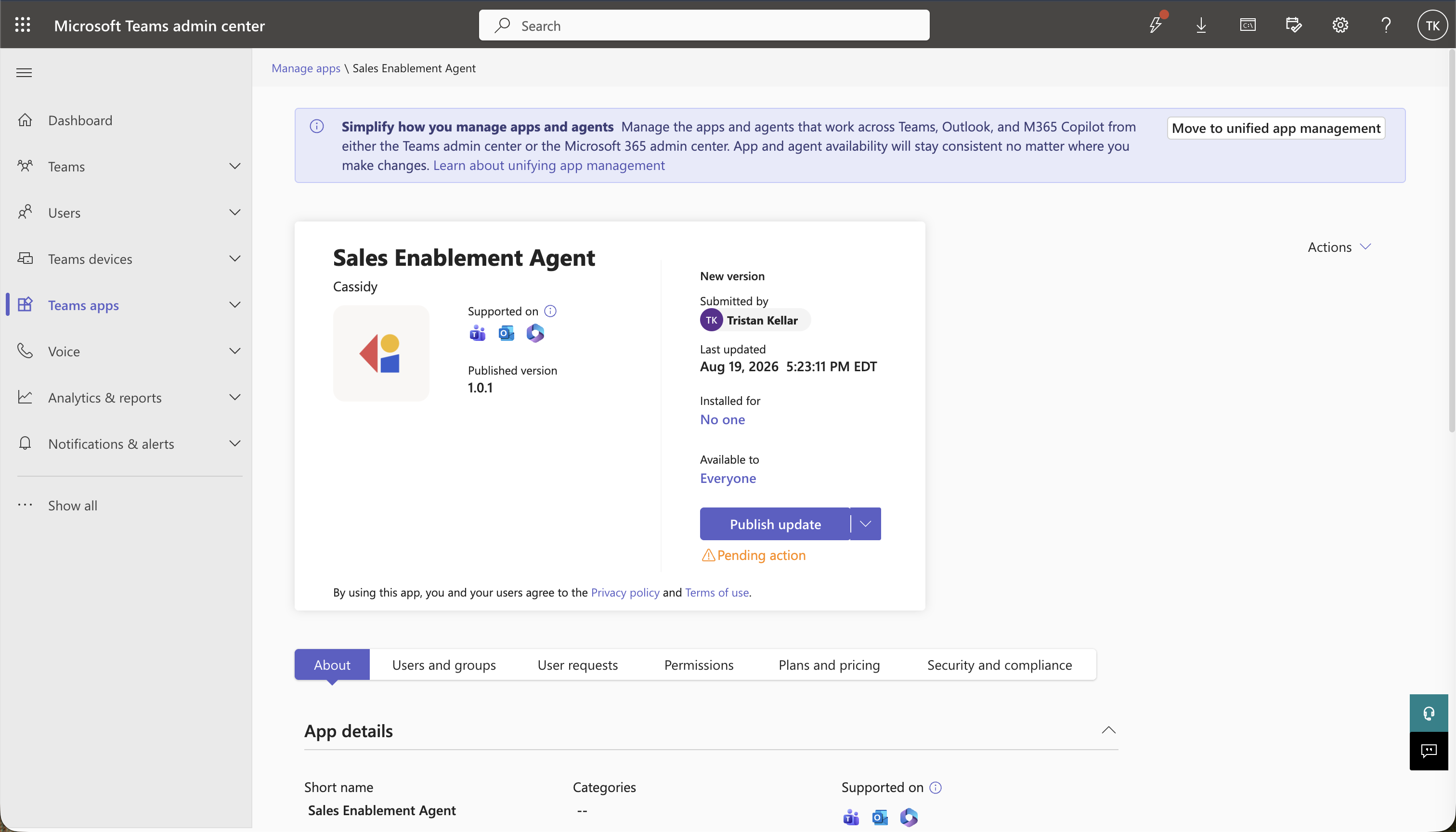Teams admin center app details page showing a pending version and the Publish update button
