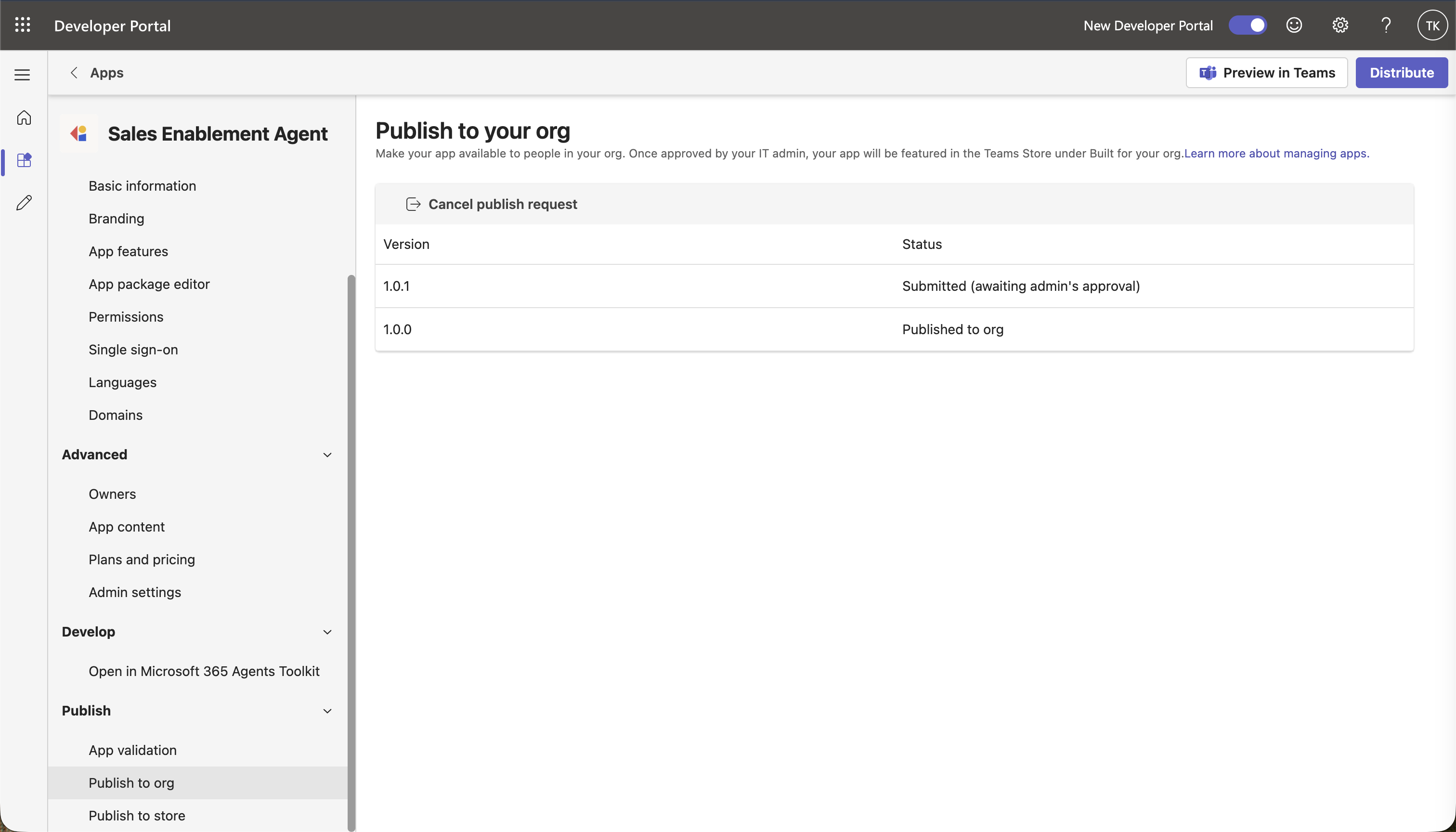 Teams Developer Portal Publish to your org page showing an app update awaiting admin approval