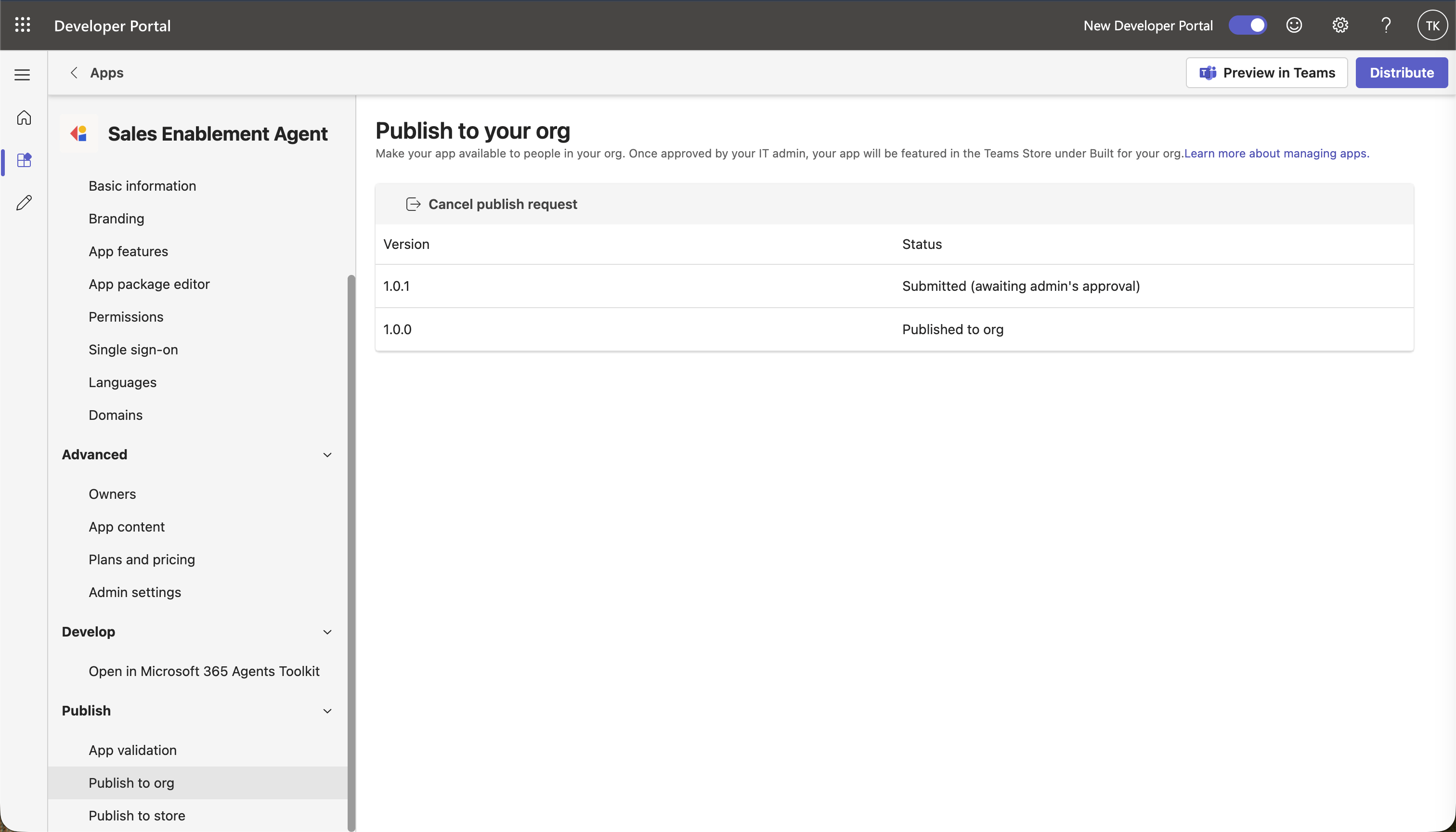 Teams Developer Portal Publish to your org page showing an app update awaiting admin approval