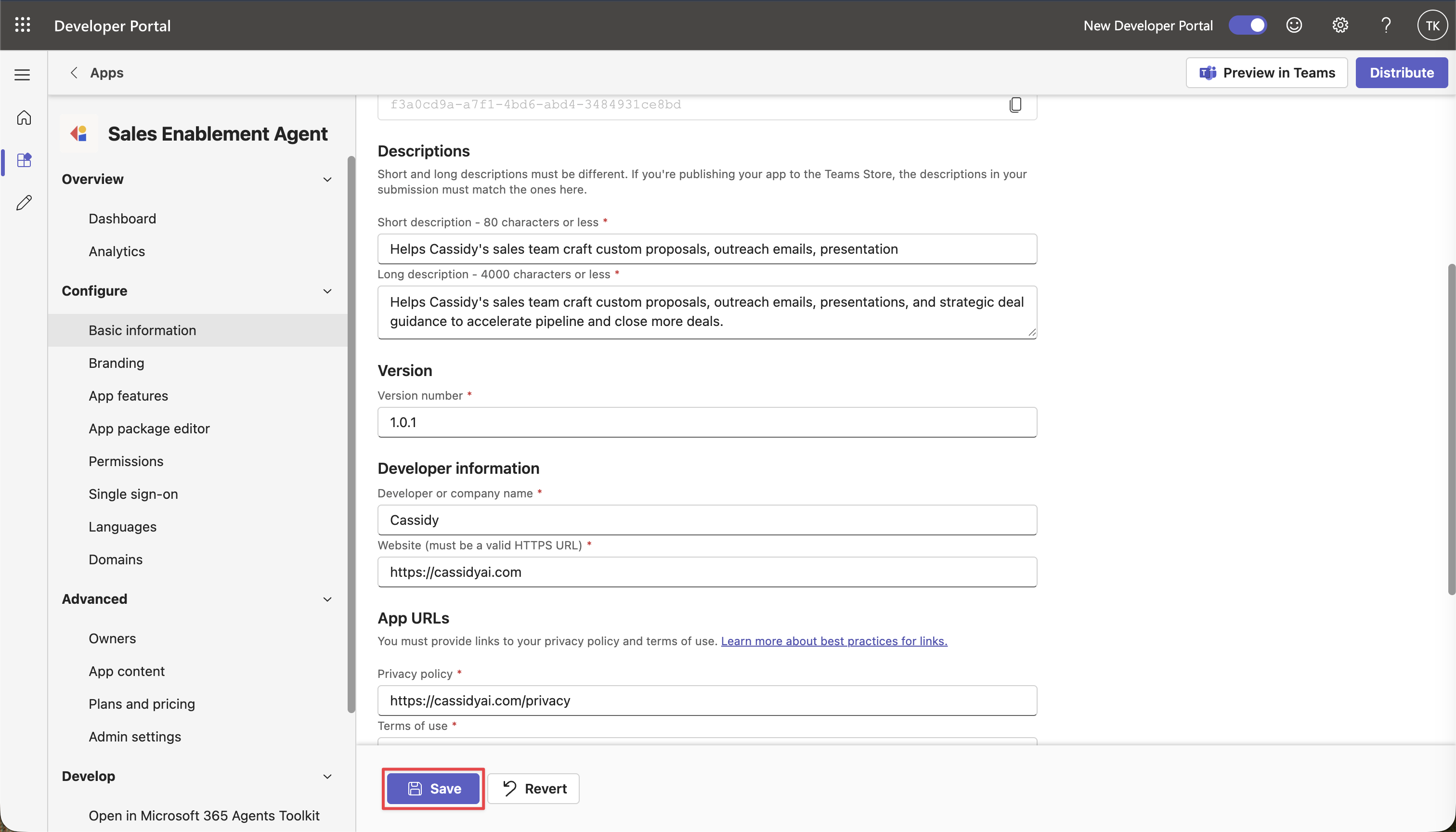 Teams Developer Portal Basic information page showing an updated app version and the Save button
