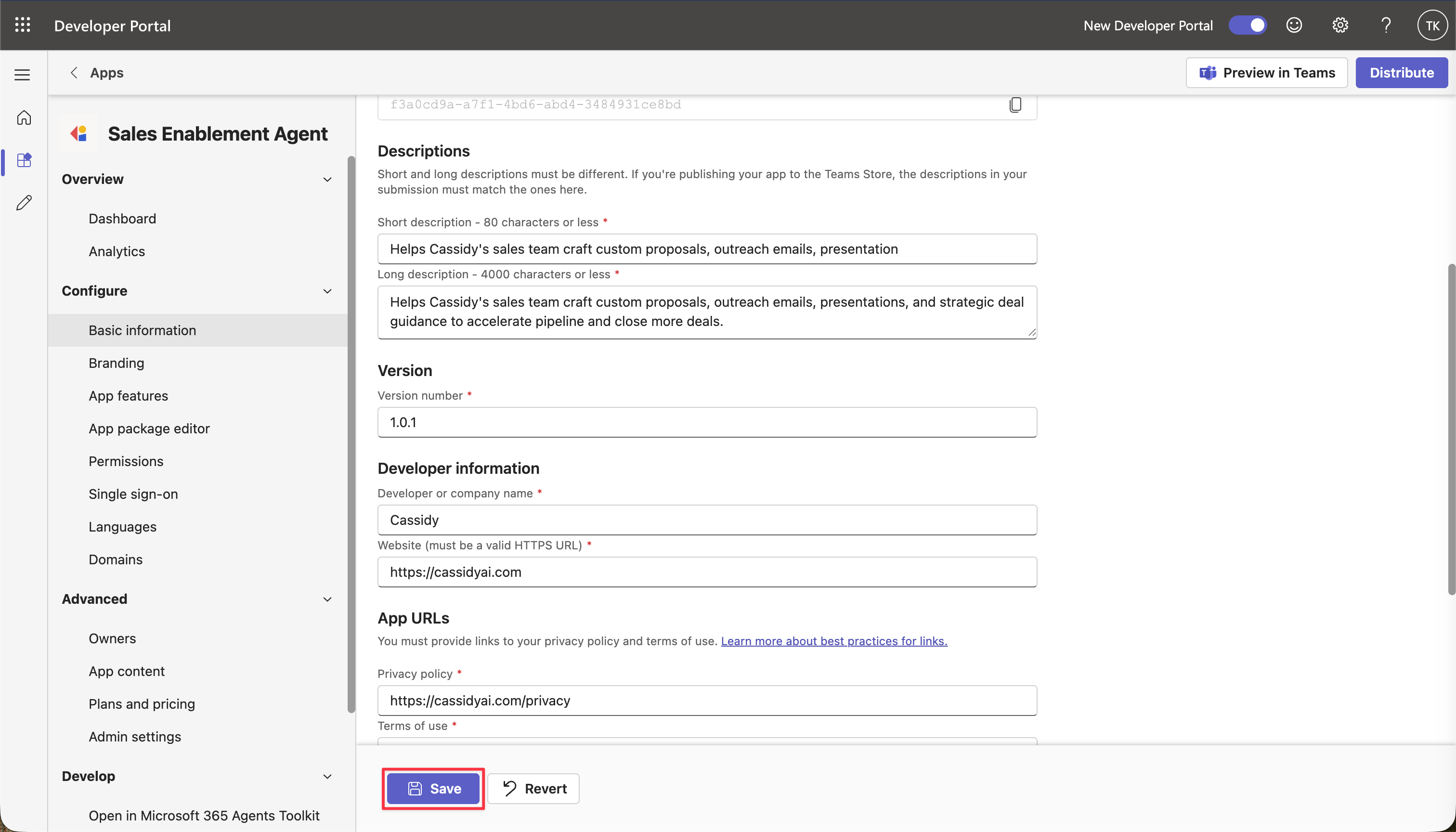 Teams Developer Portal Basic information page showing an updated app version and the Save button