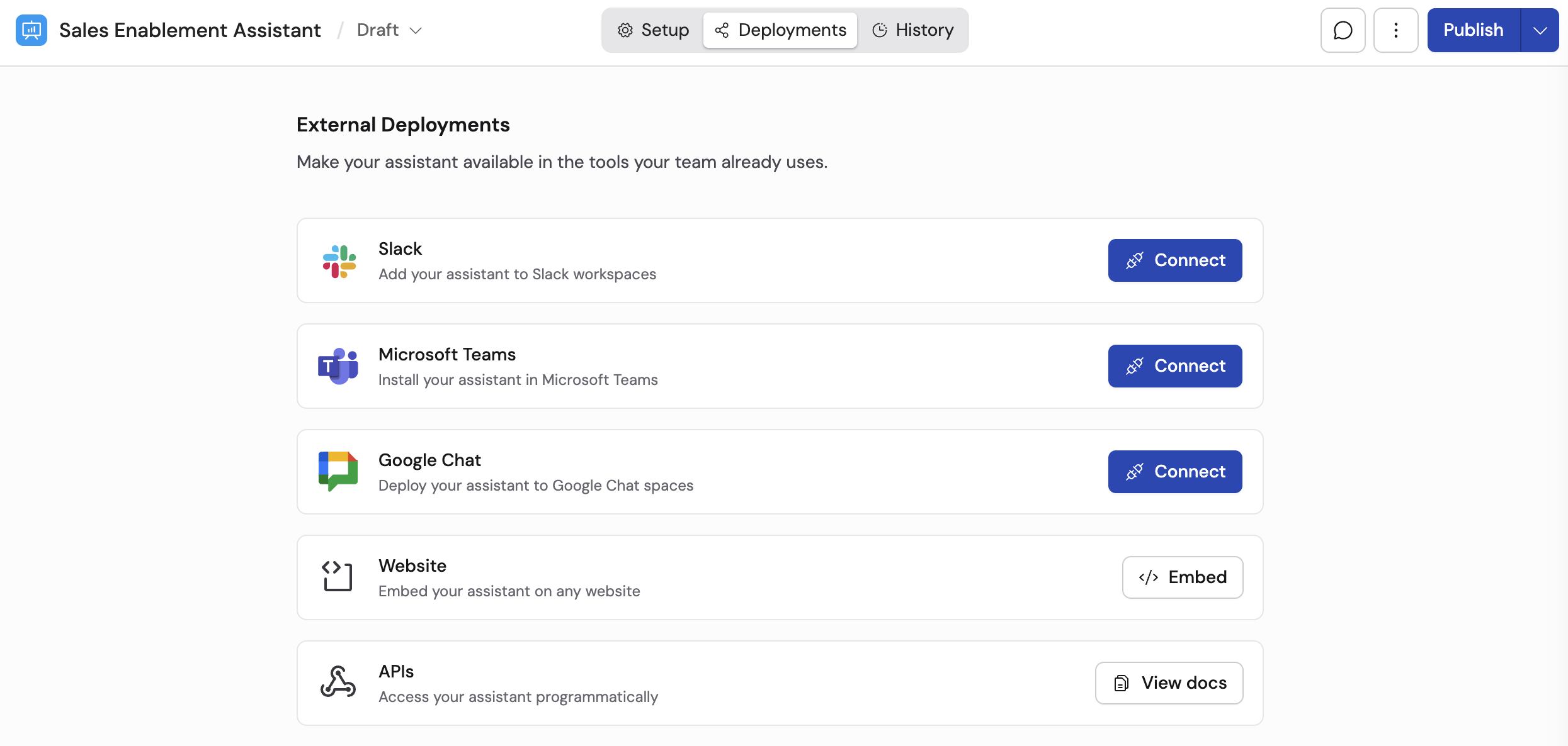 Agent editor showing the Deployments tab
