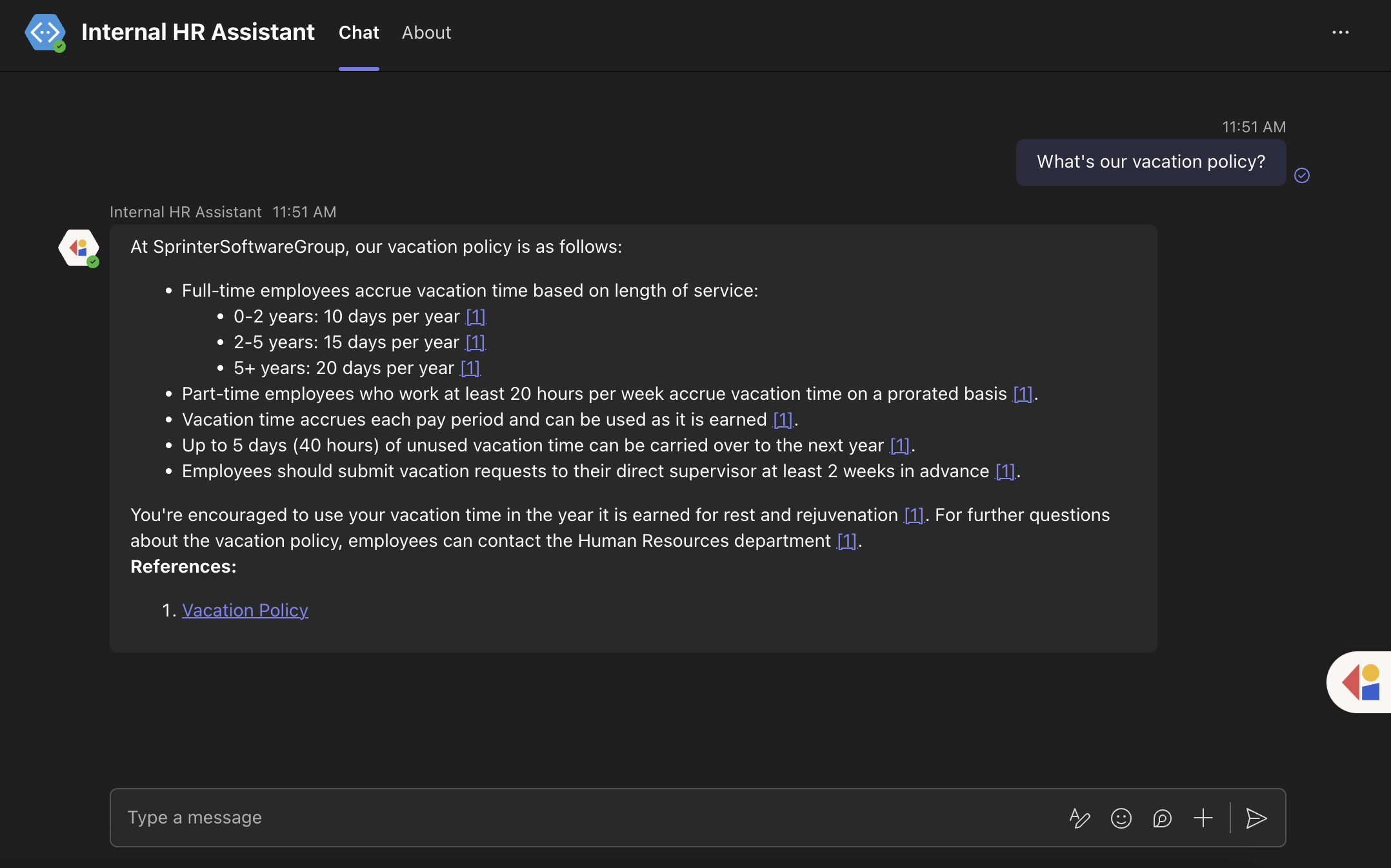 Microsoft Teams direct message conversation with a deployed Agent