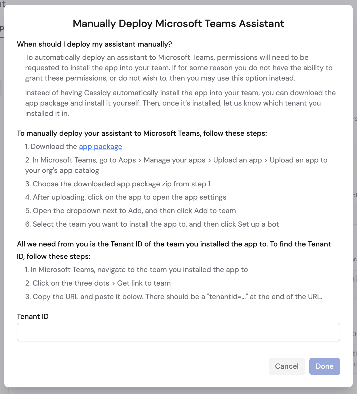 Manual deployment option with instructions to download and install the app package