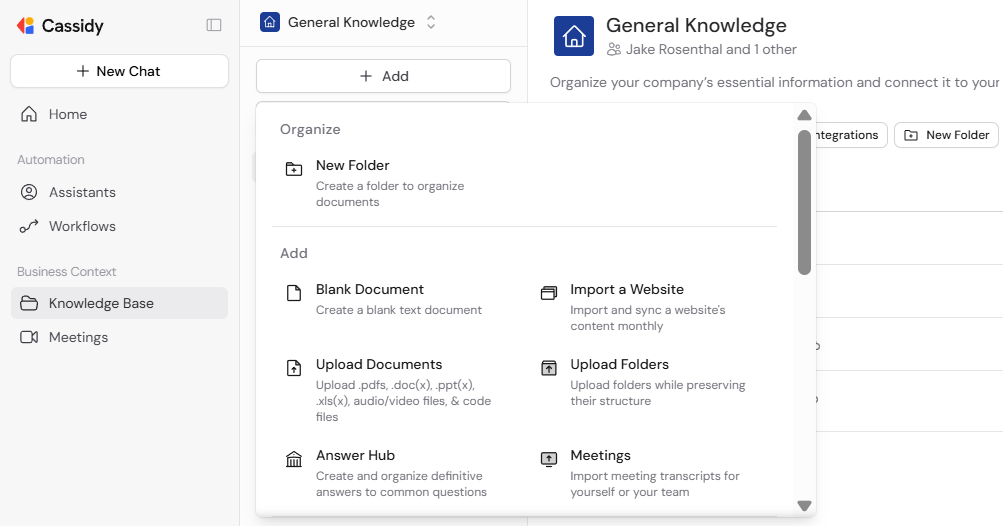 Add menu showing options for New Folder, Blank Document, Import a Website, Upload Documents, Upload Folders, Answer Hub, and integration syncs