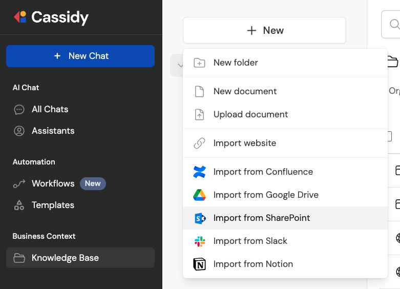 Knowledge Base + New dropdown showing Import from SharePoint option
