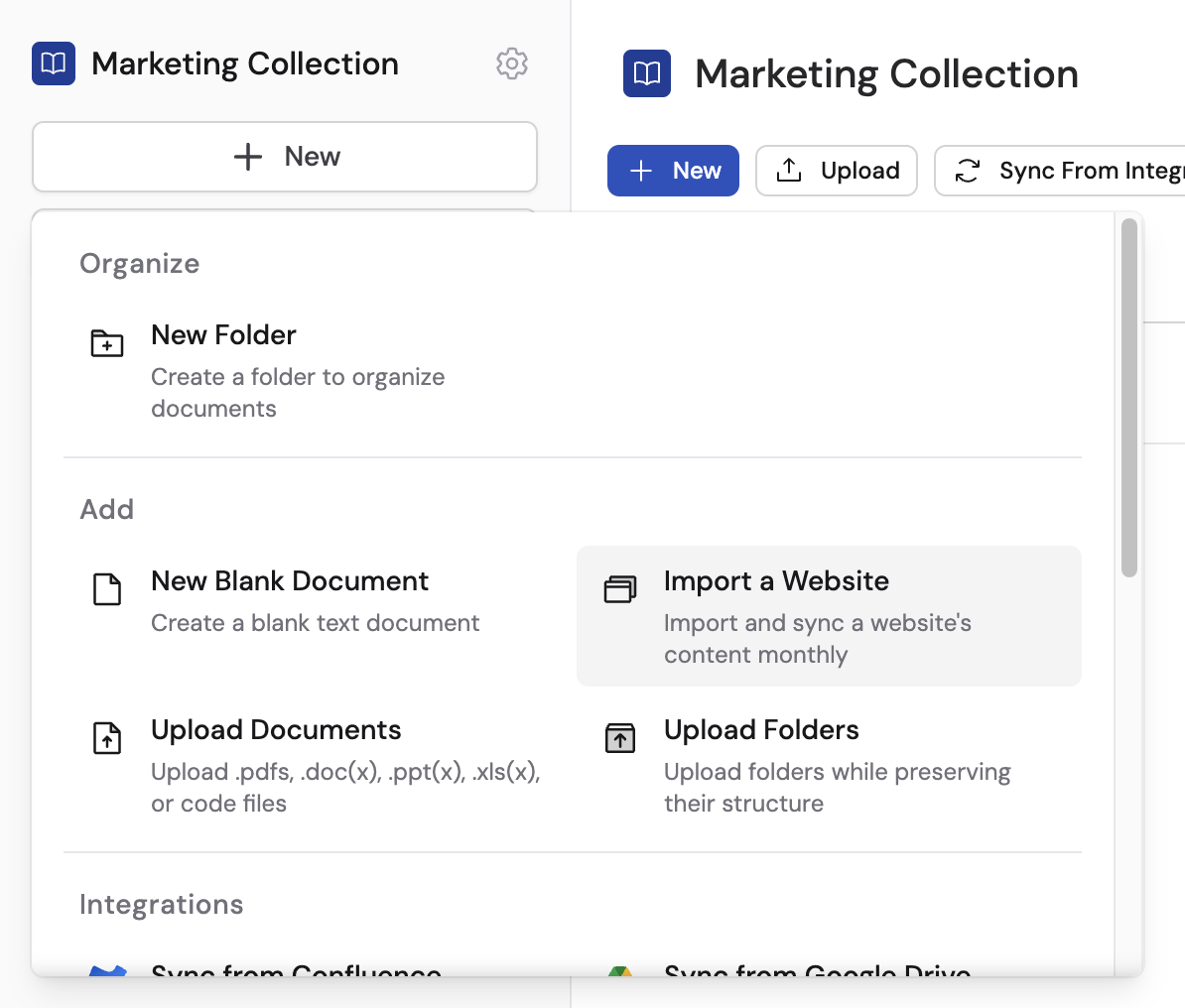 Add menu with Import a Website option highlighted