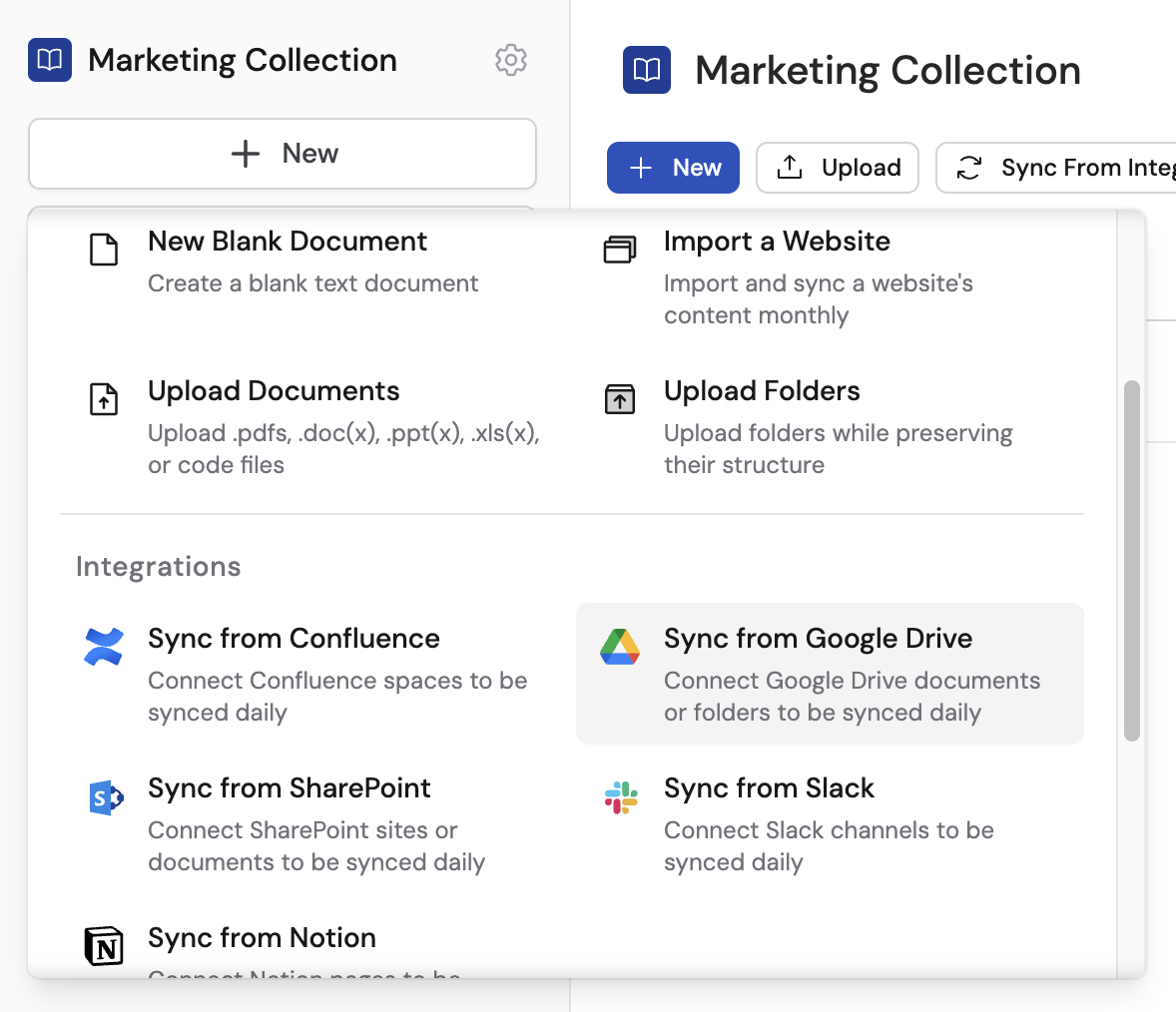 Add menu scrolled to Integrations section showing Confluence, Google Drive, SharePoint, Slack, and Notion sync options