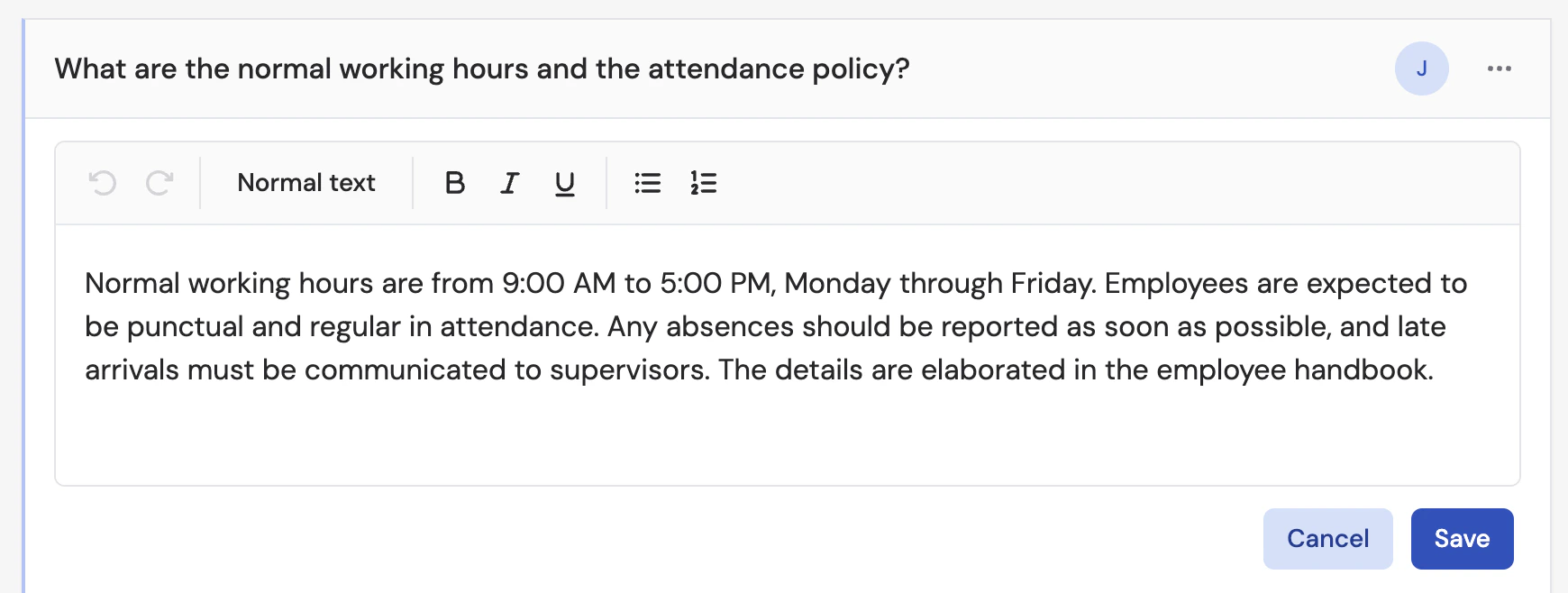 Answer Hub article editor showing a question with a formatted answer about working hours