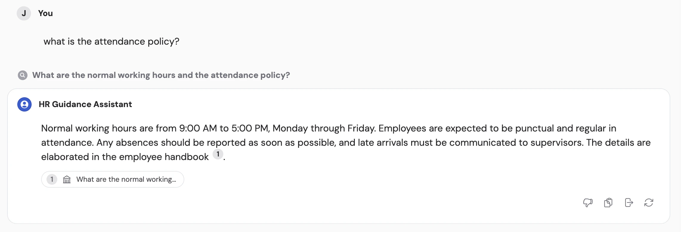 Agent chat showing a user asking about attendance policy and receiving the exact Answer Hub response with a citation