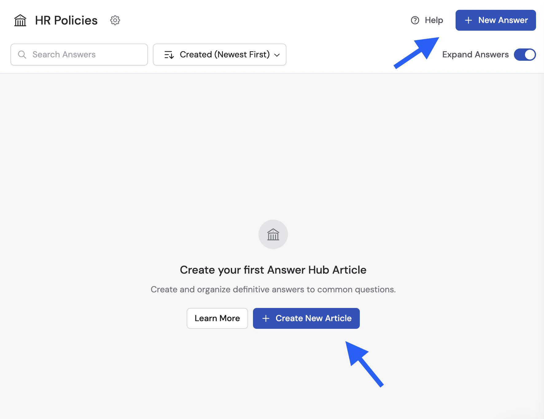 Empty Answer Hub with Create New Article and New Answer buttons highlighted