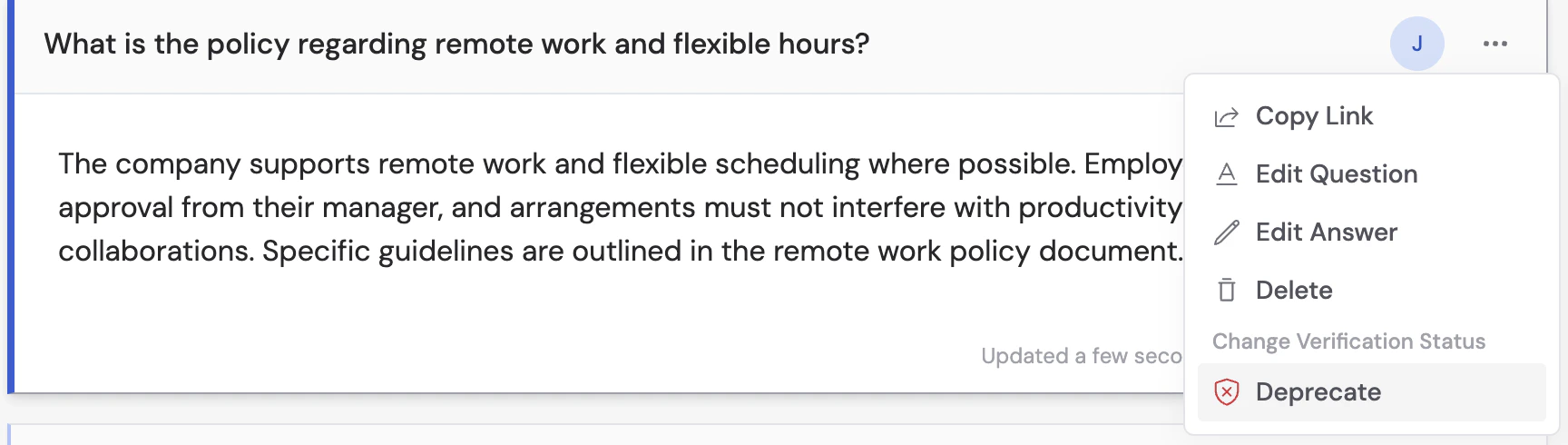 Answer Hub entry ellipsis menu showing Copy Link, Edit Question, Edit Answer, Delete, and Deprecate options