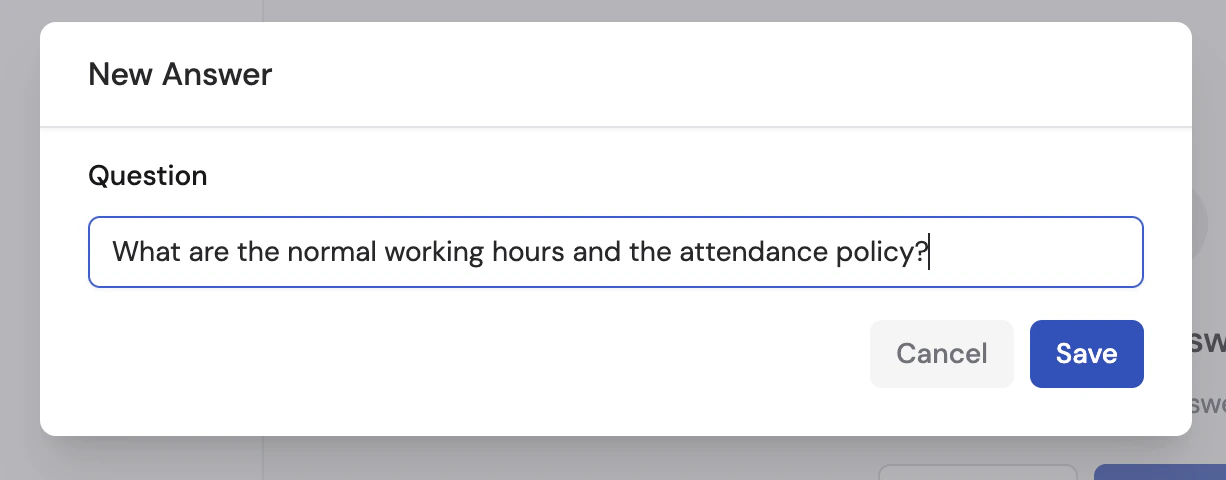 New Answer dialog with question field showing a question about working hours and attendance policy