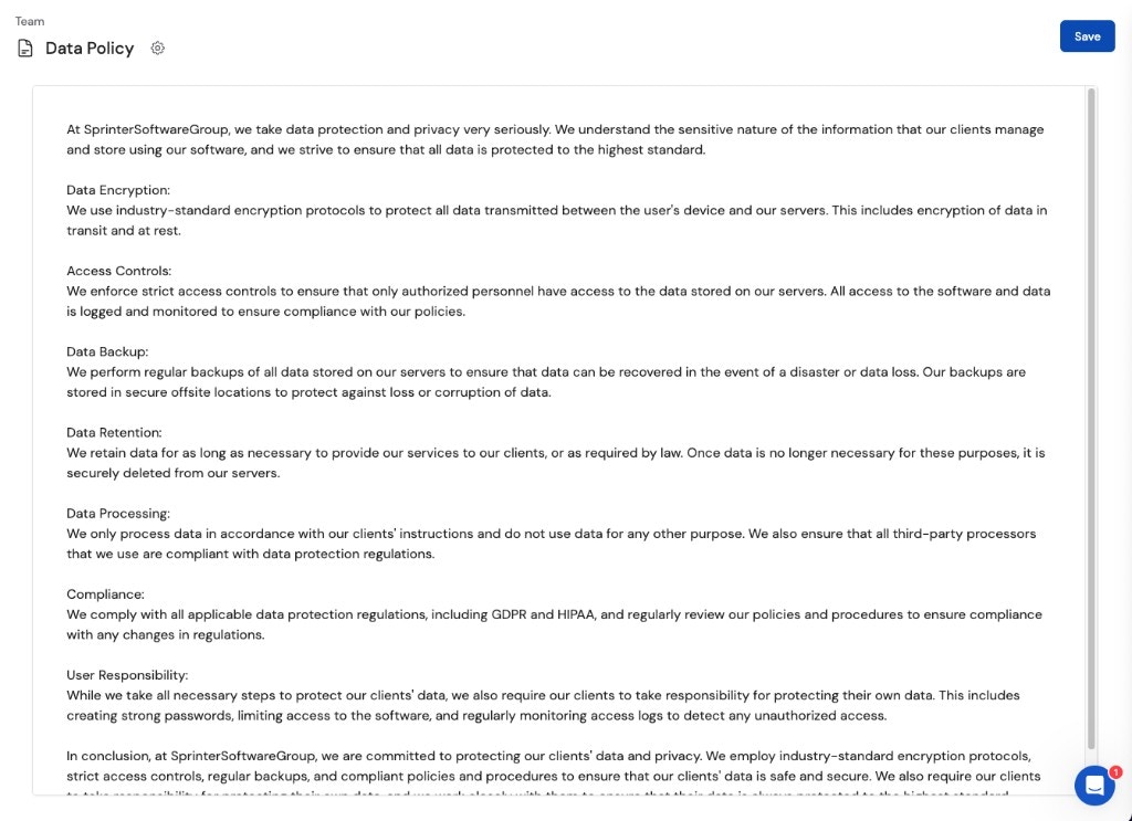 Blank document editor showing a Data Policy document with formatted text