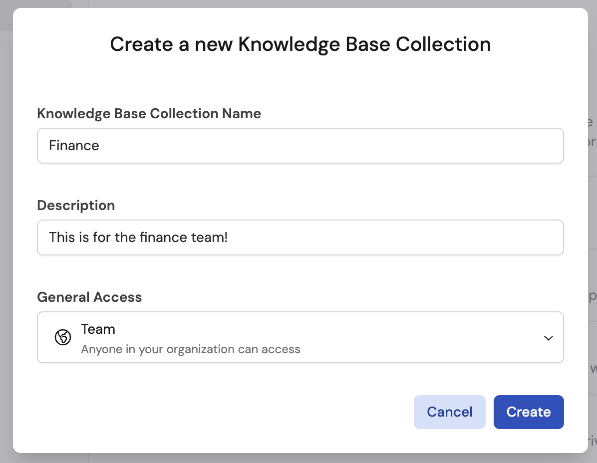Create collection dialog with name, description, and General Access options