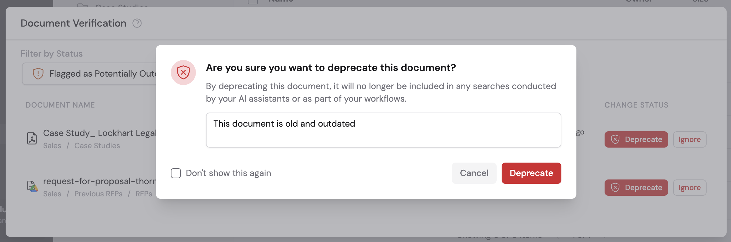 Flagged document view with Deprecate and Ignore options visible